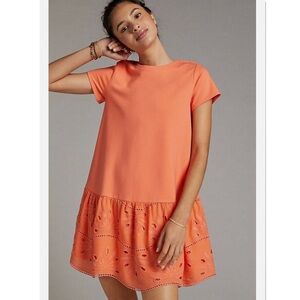 NEW Anthropologie Maeve Flounced Eyelet Mini Dress Coral Size M